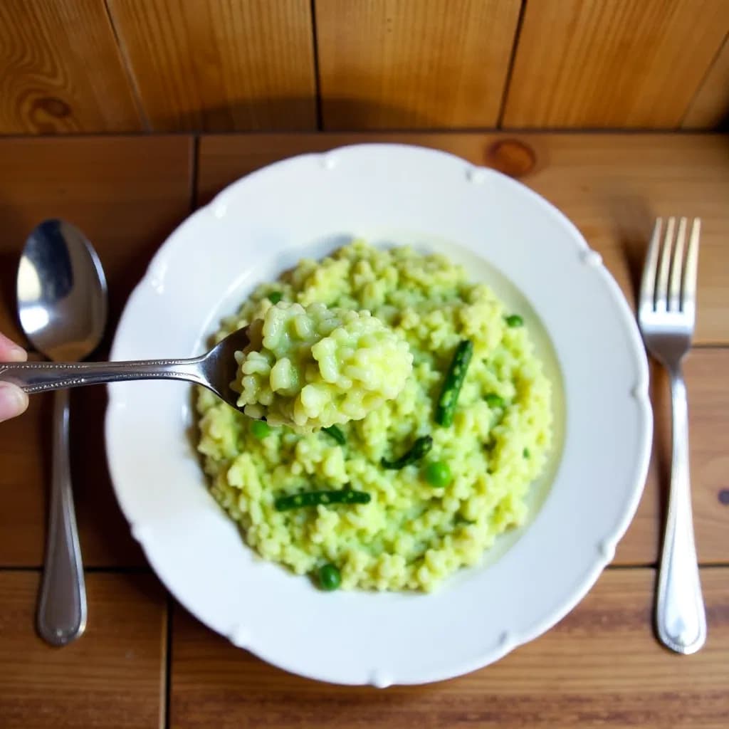Risotto cu sparanghel verde servit în farfurie