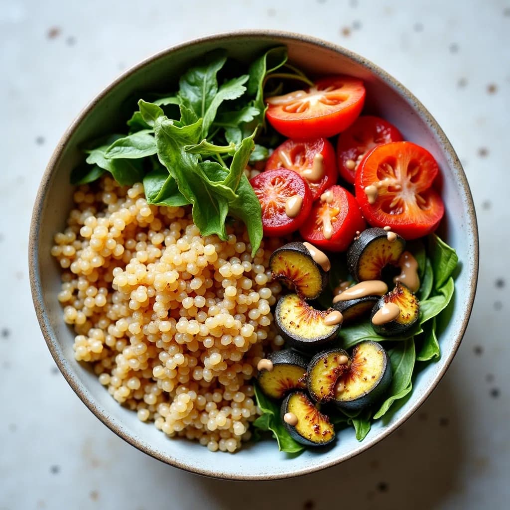 Bol cu quinoa, legume coapte, salată și dressing de tahini